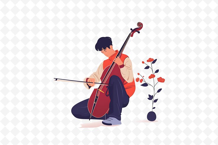 PSD um homem tocando violoncelo com uma flor e uma planta no fundo