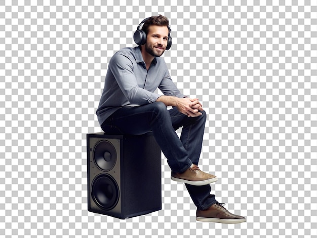 Um homem usando fones de ouvido senta-se em um alto-falante em fundo transparente