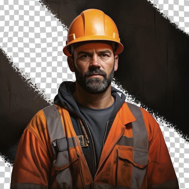 Um homem usando um capacete laranja está na frente de um fundo preto.