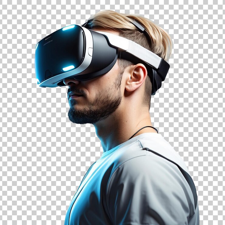 PSD um homem usando um fone de ouvido de realidade virtual com um capuz preto