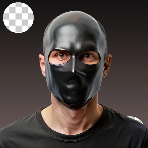 Um homem usando uma máscara negra e uma máscara preta está na frente em um fundo transparente