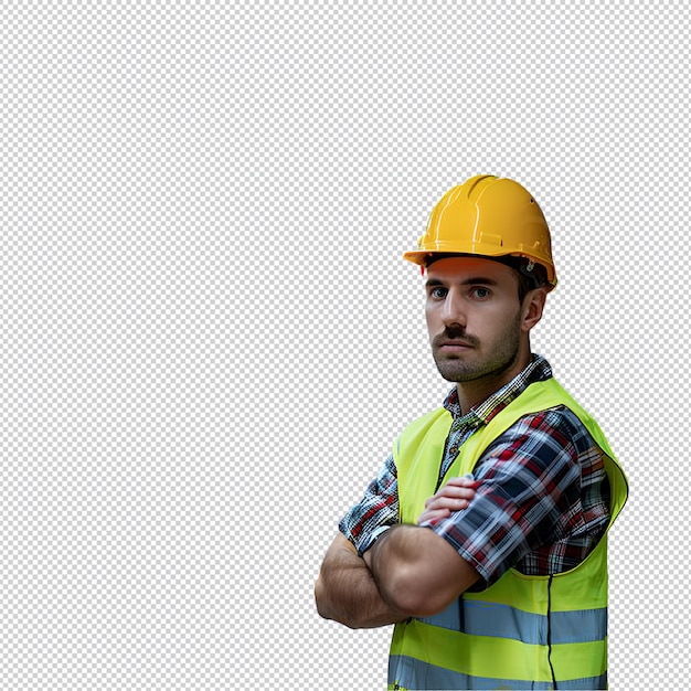 um homem vestindo um chapéu amarelo está em frente a um fundo branco