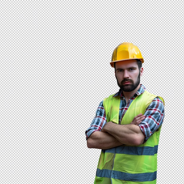 um homem vestindo um chapéu amarelo está em frente a um fundo cinzento