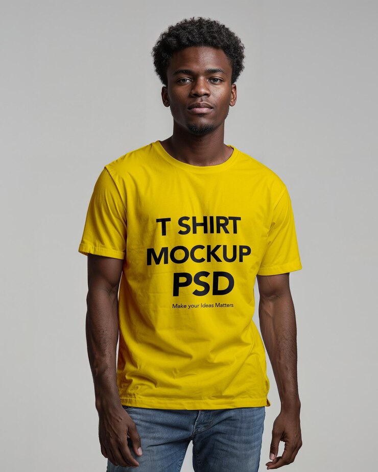 Um homem vestindo uma camiseta amarela que diz camiseta