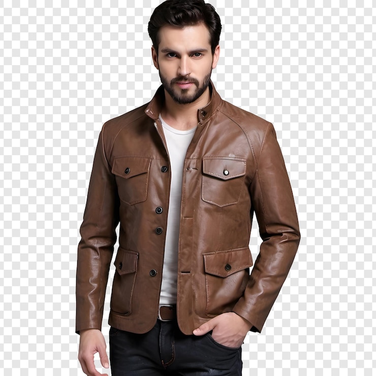 PSD um homem vestindo uma jaqueta de couro marrom com uma camiseta branca por baixo