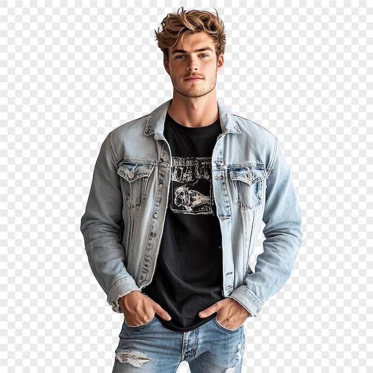 PSD um homem vestindo uma jaqueta de jeans com uma camiseta preta que diz a palavra citação sobre ele