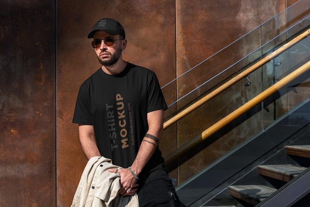 PSD um homem vestindo uma maquete de camiseta em um andar de cima