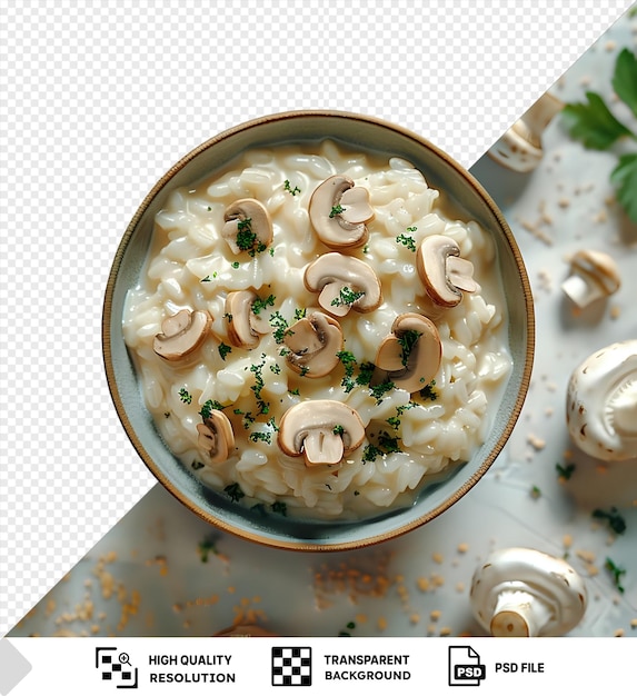 PSD um incrível risotto de cogumelos cremosos servido num prato branco com uma colher de prata adornada com uma folha verde sobre um fundo transparente