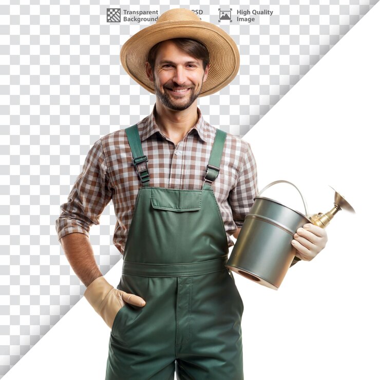 PSD um jardineiro sorridente segurando uma lata de água de macacão