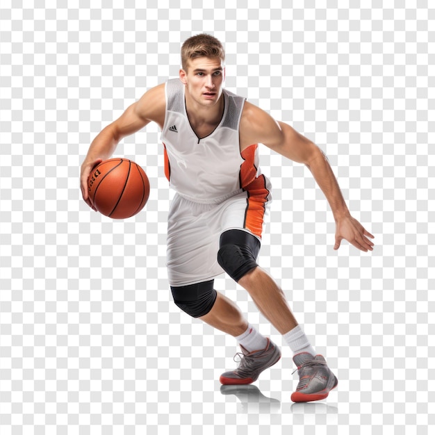 Um jogador de basquete masculino driblando a bola vestindo um uniforme da equipe em um psd de fundo transparente