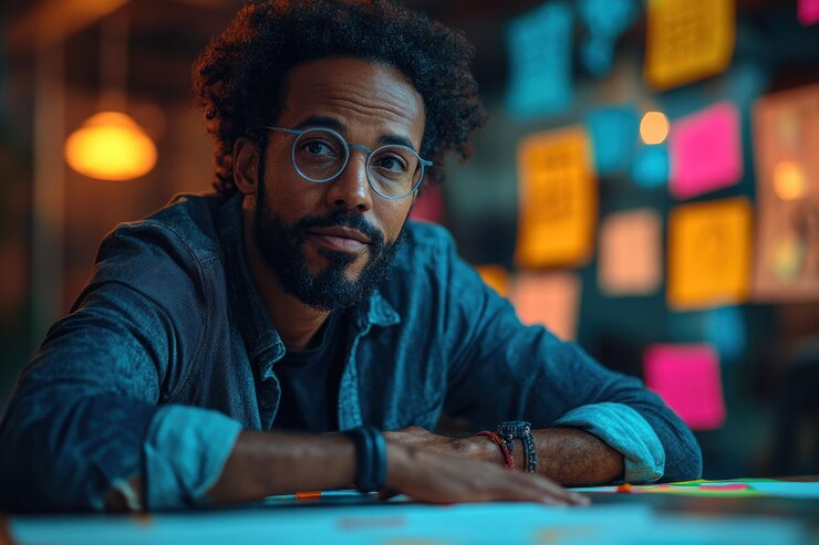 PSD um jovem afro-americano com barba e óculos senta-se em uma mesa com uma expressão pensativa em um escritório moderno