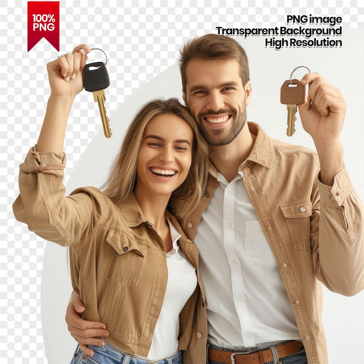 PSD um jovem casal comemora a compra de uma nova casa com as chaves.