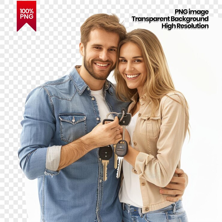PSD um jovem casal comemora a compra de uma nova casa com as chaves.