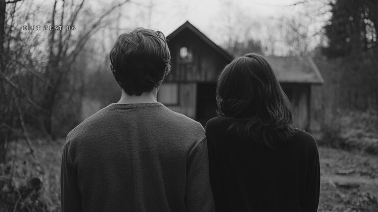PSD um jovem casal de pé atrás da câmera olhando para uma velha casa abandonada na floresta