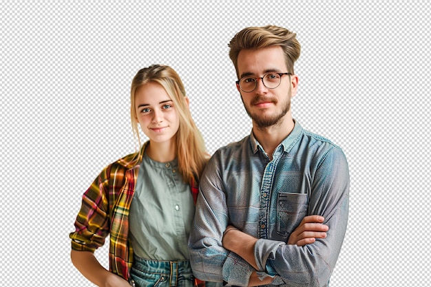 PSD um jovem casal sorridente de pé com as costas olhando para a câmera em um fundo branco