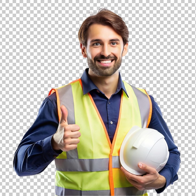 Um jovem engenheiro sorridente a usar uniforme.