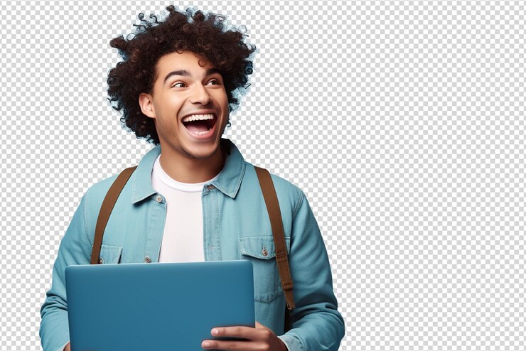 um jovem estudante com uma bolsa e um portátil isolado em um fundo transparente
