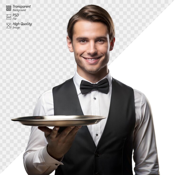 PSD um jovem garçom sorridente segurando uma bandeja de prata vazia.
