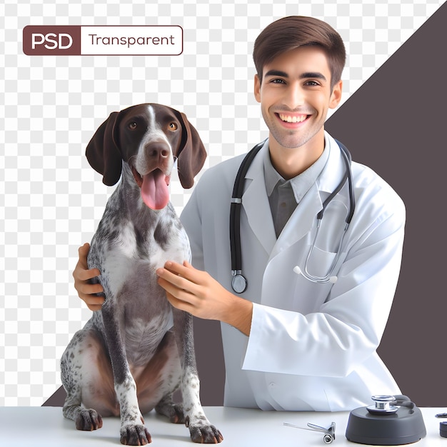 PSD um jovem veterinário assistindo a um belo cão de ponteiro inglês