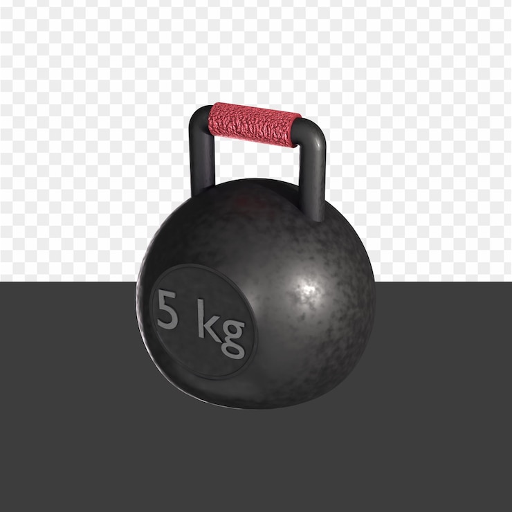 PSD um kettlebell preto com 5 kg escrito na parte superior.