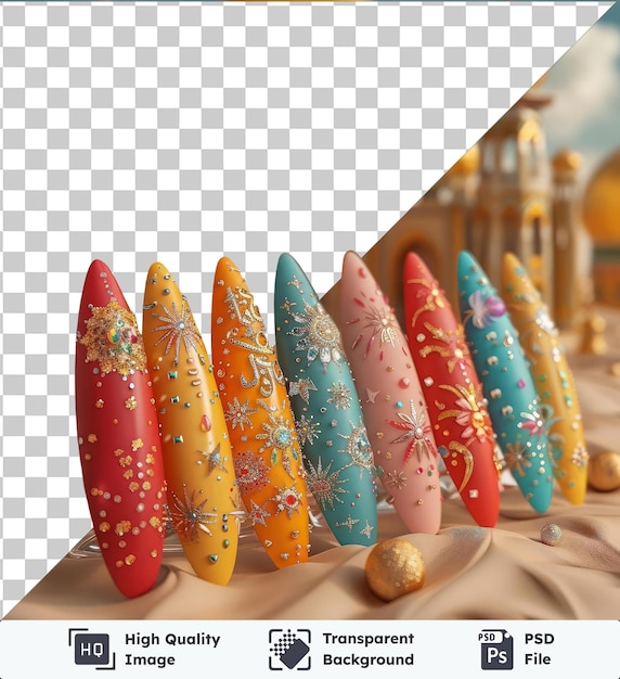PSD um kit de arte de unhas com tema eid para o ramadão com uma variedade de tábuas de surf coloridas, uma bola de ouro e um fundo transparente.