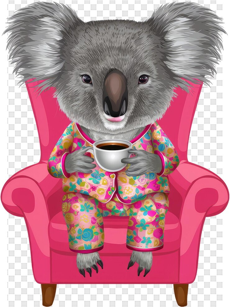 PSD um koala bebendo café em uma cadeira rosa com uma cadeira cor-de-rosa e uma cadeira rosada com uma cadeiro rosa