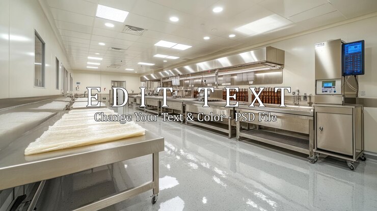 PSD um laboratório ou cozinha de aço inoxidável limpo e moderno e espaçoso com longas mesas de trabalho e equipamentos