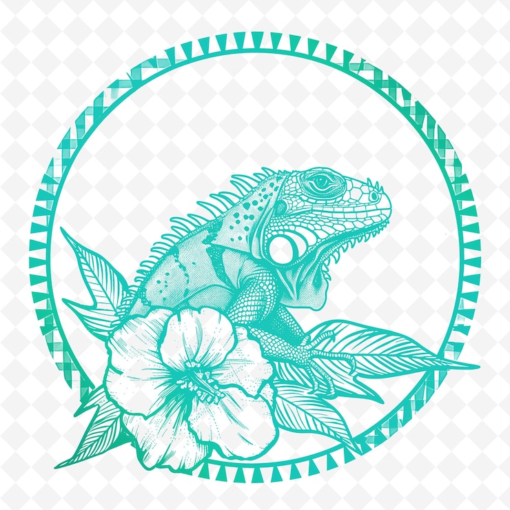 PSD um lagarto verde com flores e uma flor verde e azul