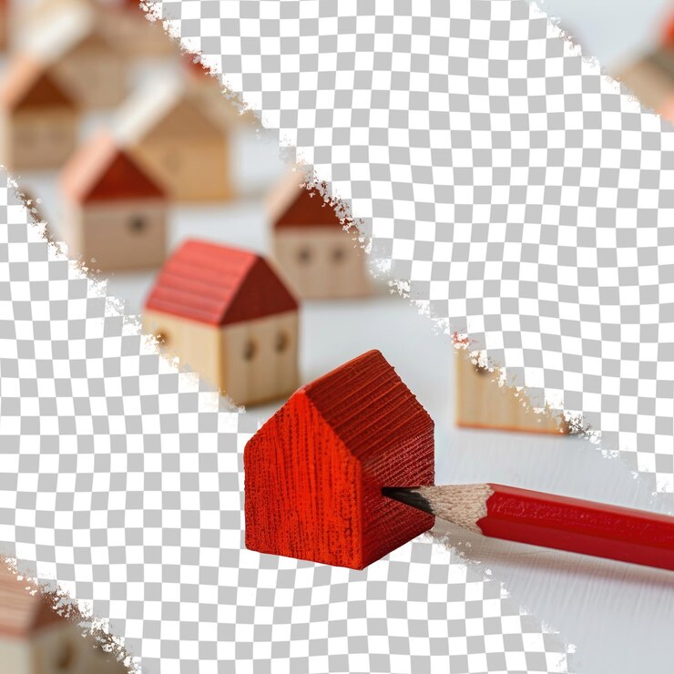 PSD um lápis vermelho com uma casa de madeira na parte inferior e um lápis vermello no meio