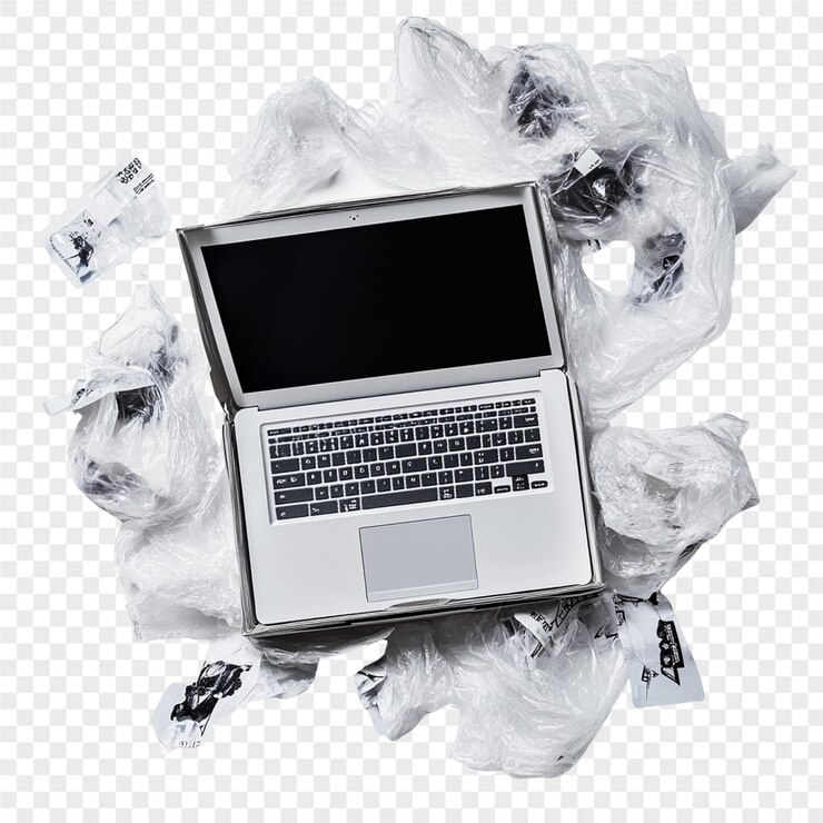 PSD um laptop branco com um teclado preto e um fundo branco