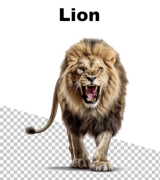 Um leão está em um fundo branco com o título do leão no topo.