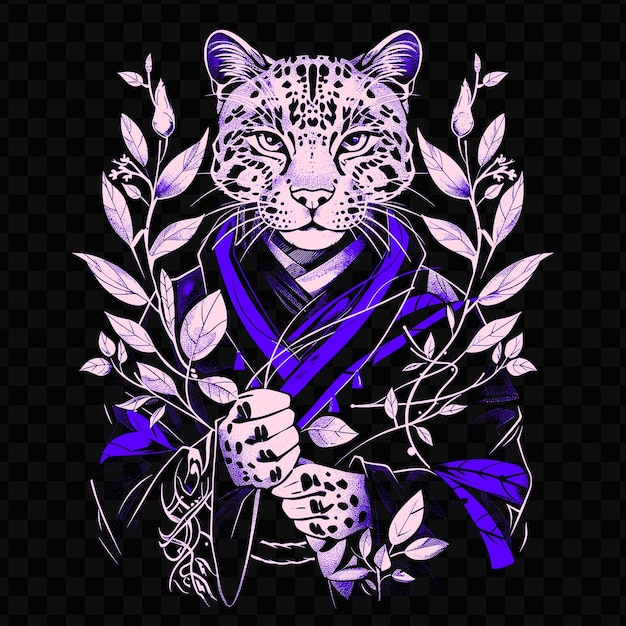 PSD um leopardo com um lenço azul em um quadro com um padrão de flores