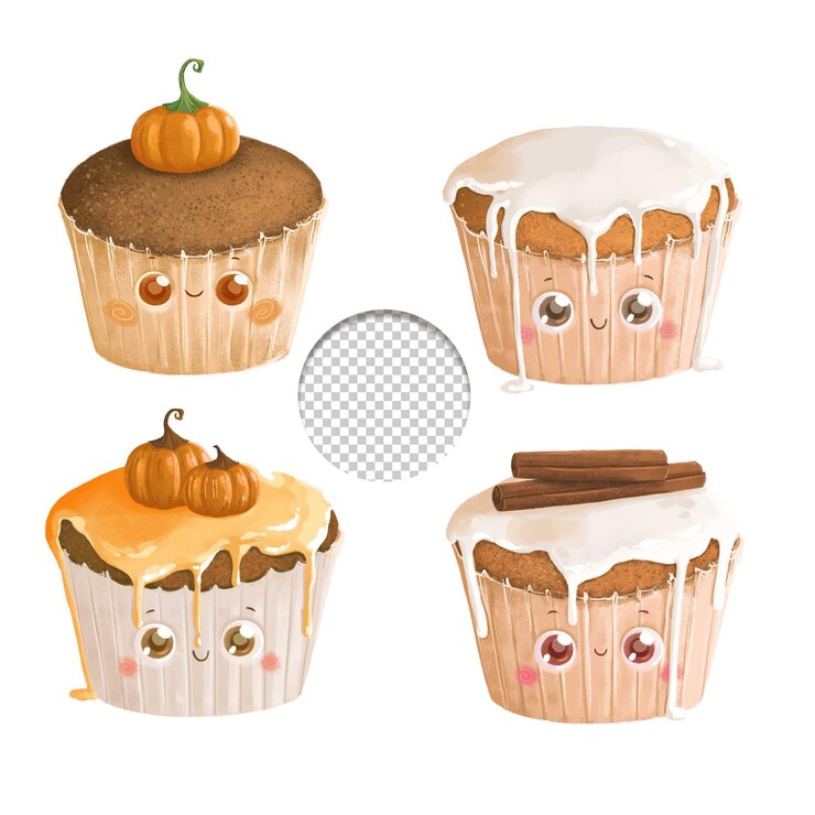 PSD um lindo conjunto de muffins de outono em estilo kawaii com elementos de outono isolados em fundo branco
