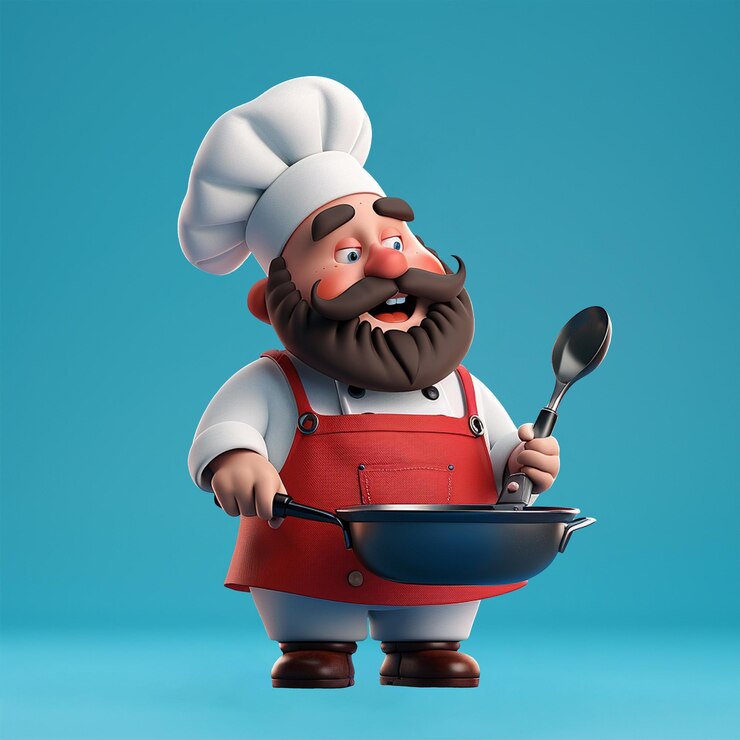 PSD um lindo ícone de personagem 3d de um chef de corpo inteiro usando um chapéu de chef e avental segurando uma frigideira cheia