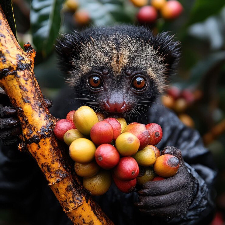 PSD um lindo lémur preto com olhos grandes come grãos de café vermelho em uma floresta tropical