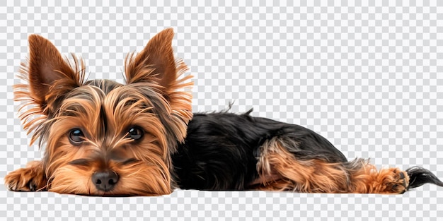 Um lindo Yorkshire Terrier deitado mostrando sua bela pelagem e personalidade brincalhona perfeito para amantes de animais de estimação e temas de animais