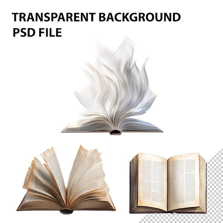 PSD um livro aberto com as palavras "transparus" escritas nele.