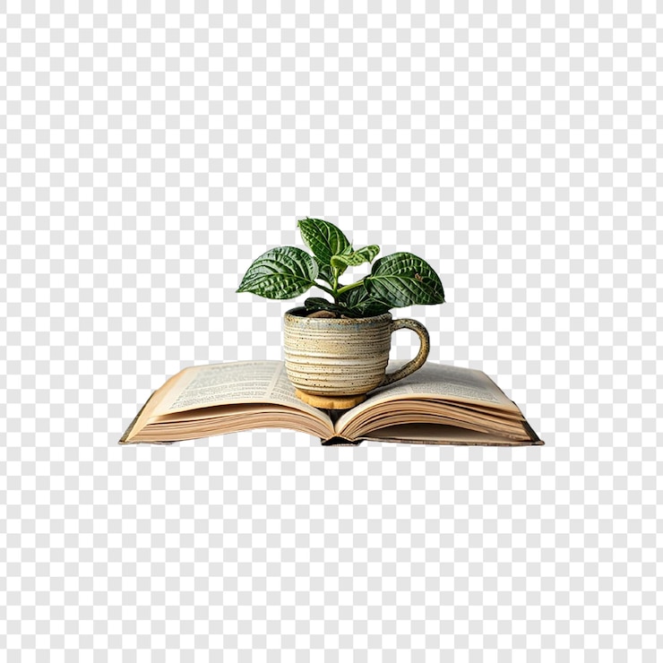 PSD um livro aberto com uma planta a crescer nele.
