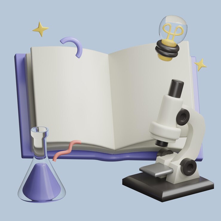 PSD um livro e um microscópio estão ao lado de um livro para aprendizado de ciências