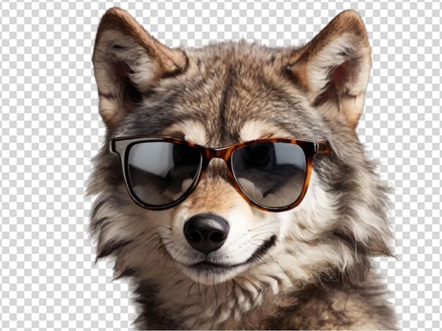 PSD um lobo bonito usando óculos de sol em fundo transparente