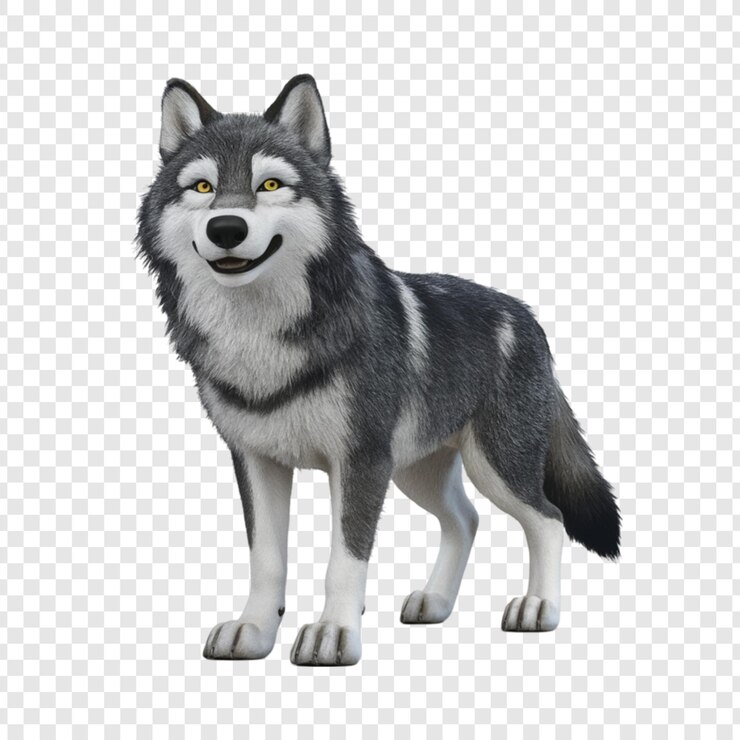 PSD um lobo com olhos amarelos está de pé em um fundo branco
