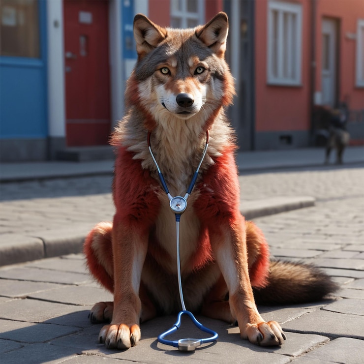 PSD um lobo com um colarinho vermelho está sentado em uma calçada