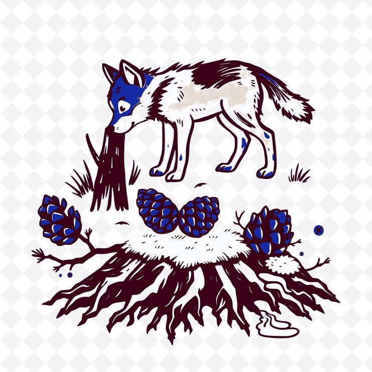 PSD um lobo com uma cauda azul em uma árvore com bagas azuis nele