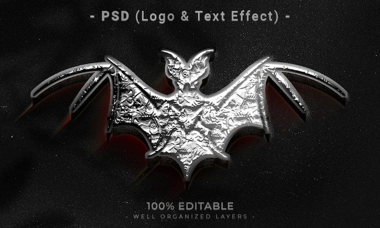 PSD um logotipo de morcego prateado e efeito de texto com as palavras 100 editáveis