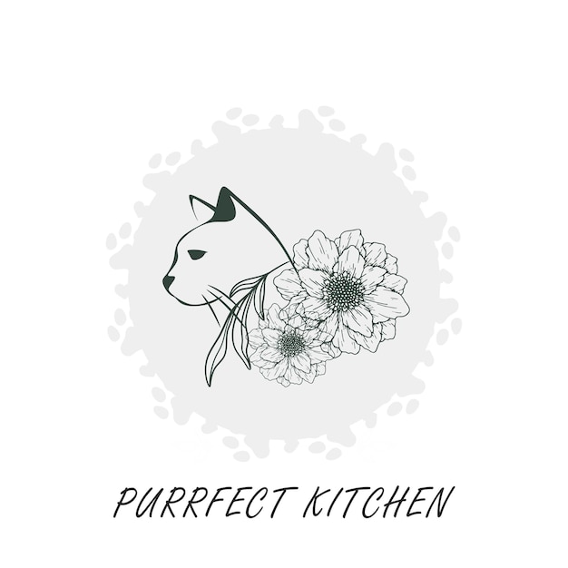 um logotipo simples para comida de gato premium com uma imagem de cabeça de gato com flores