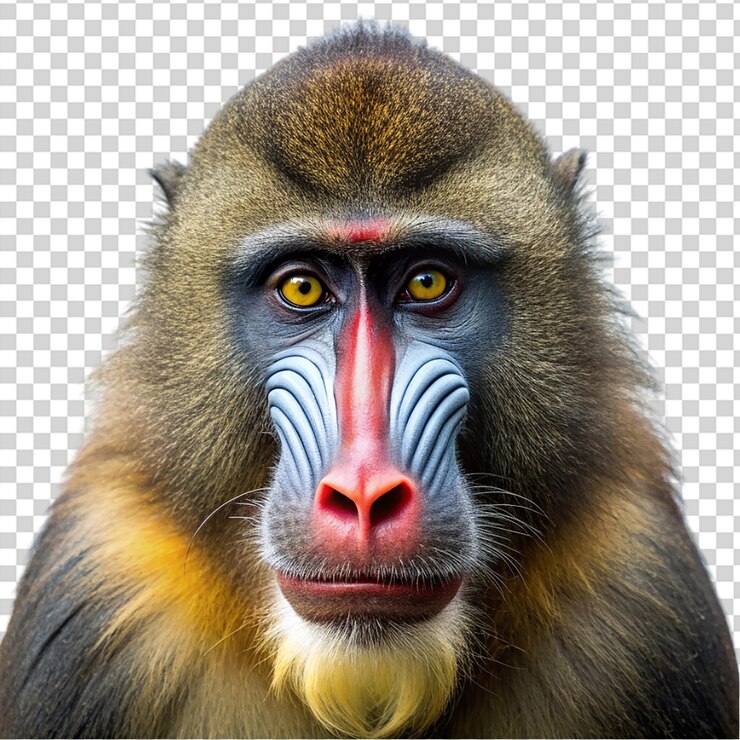 PSD um macaco com uma faixa branca em seu rosto e olhos amarelos olhando para a câmera em fundo transparente