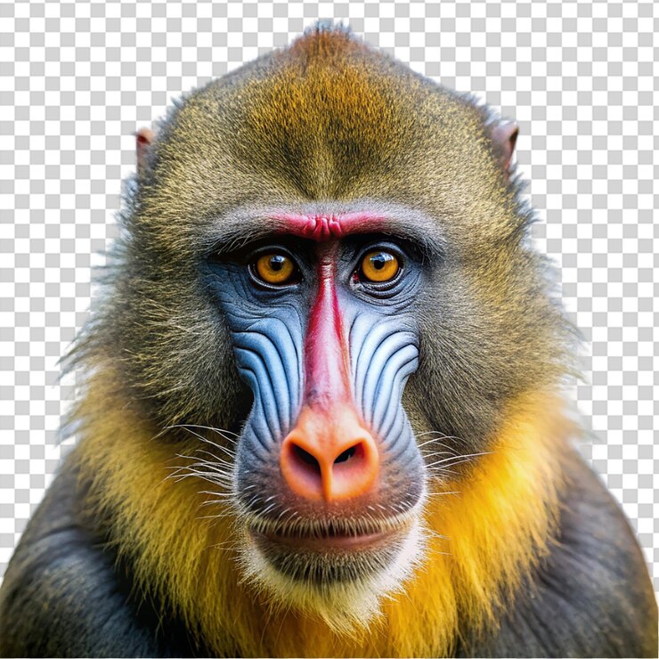 PSD um macaco com uma faixa branca em seu rosto e olhos amarelos olhando para a câmera em fundo transparente