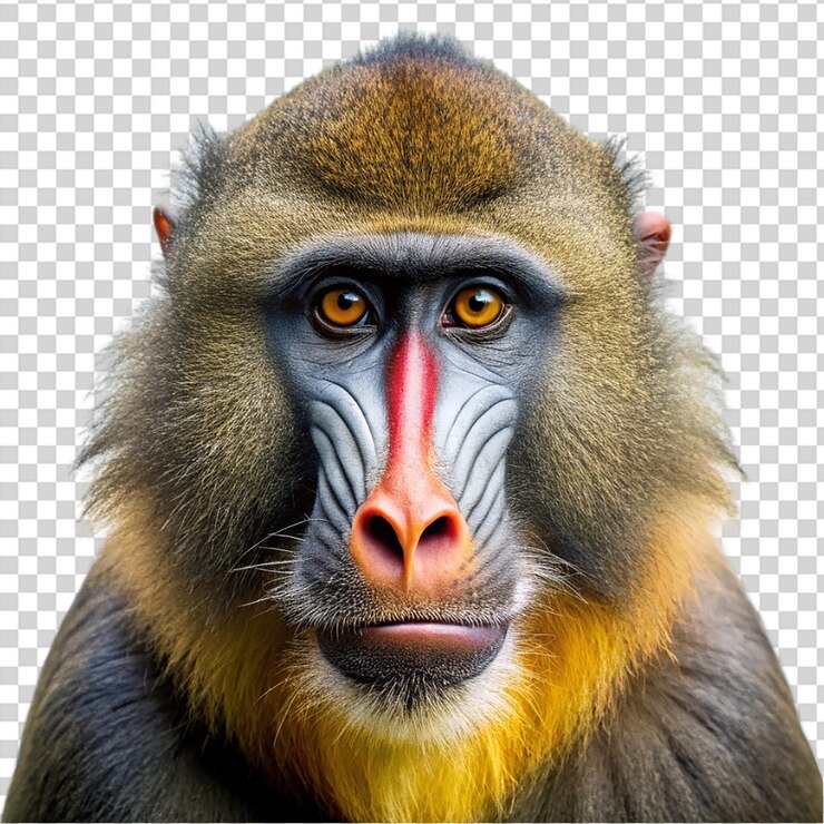 PSD um macaco com uma faixa branca em seu rosto e olhos amarelos olhando para a câmera em fundo transparente