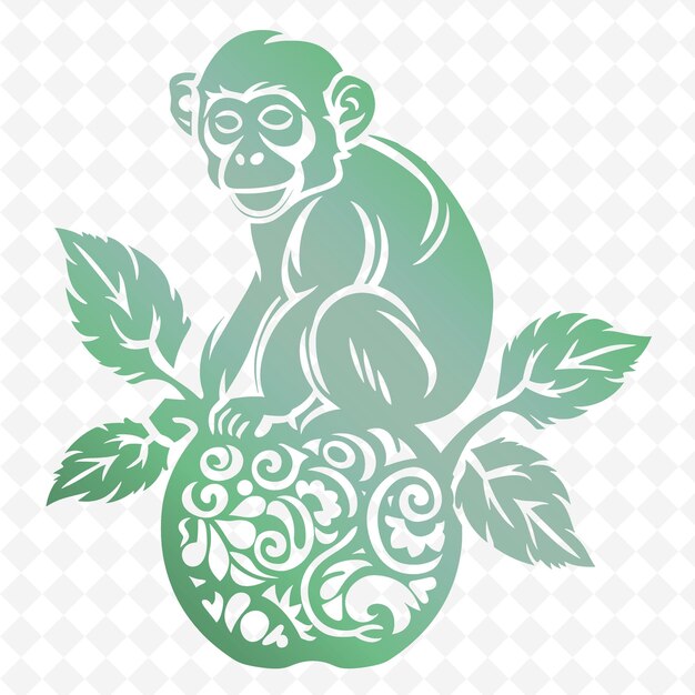 PSD um macaco com uma maçã verde nas costas é desenhado com uma maça verde
