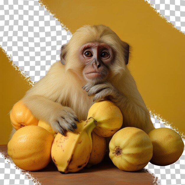 PSD um macaco de brinquedo e fundo transparente de três bananas